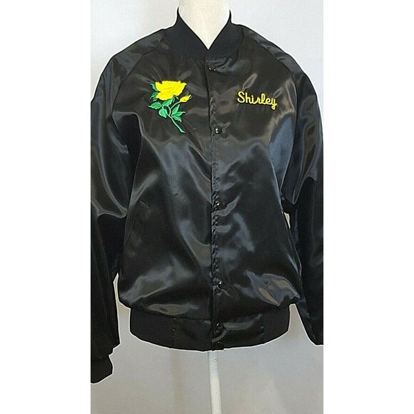Womens Satin Bomber Windbreaker Jacket M Embroidered Black Flannel Lined USA - Picture 2 of 9